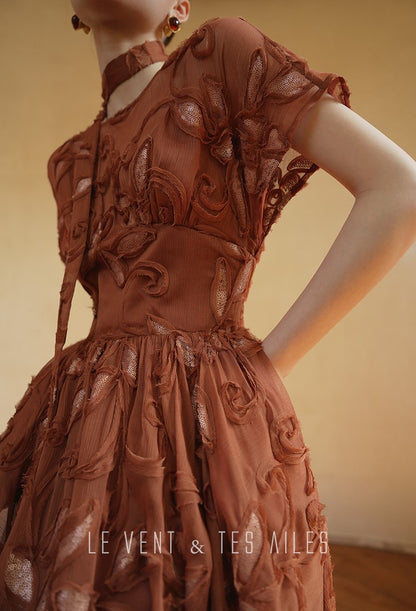 LE VENT&TES AILES Luxury French Disc Embroidered Sequin 3d Vintage brown Dress - LINA