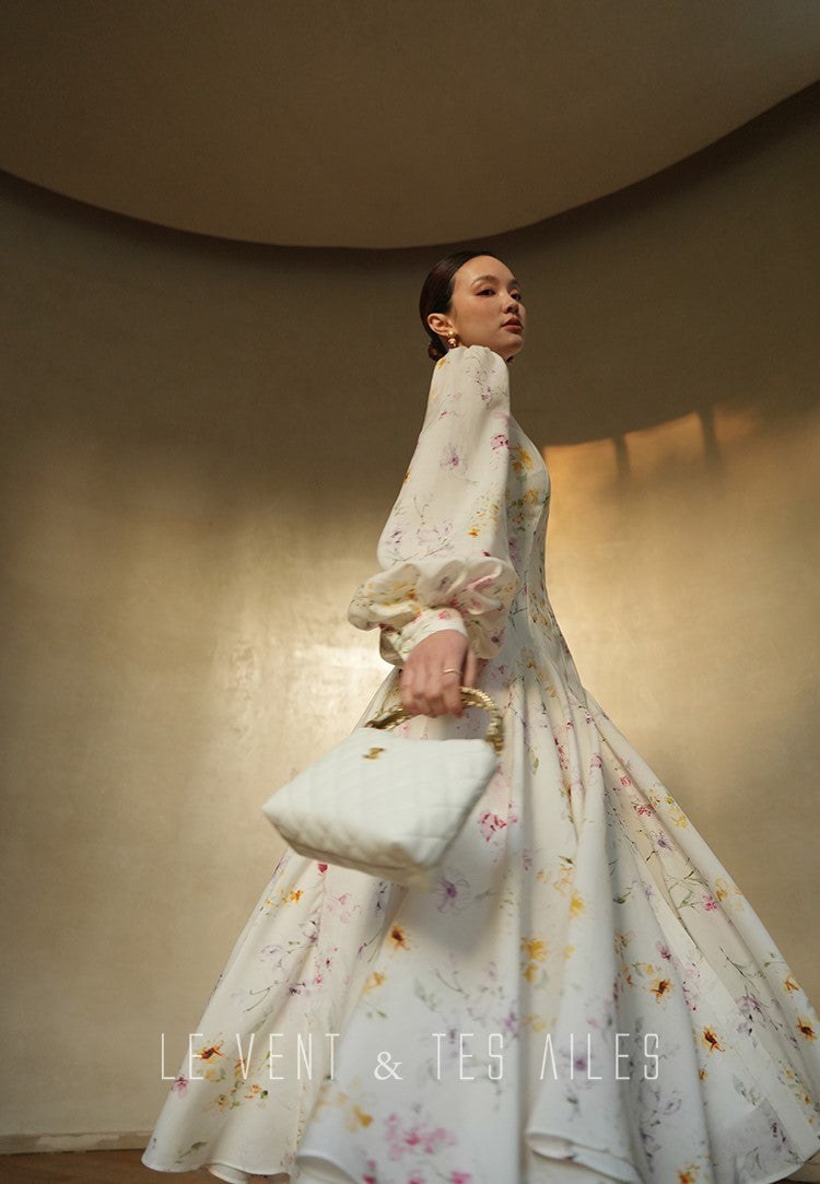 LE VENT&TES AILES Luxury summer vacation floral print Fancy Midi Dress-ZOE