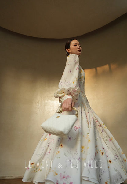 LE VENT&TES AILES Luxury summer vacation floral print Fancy Midi Dress-ZOE