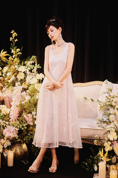 DOLLY Luxury U-Neck Sleeveless Fake Two Piece Midi Swing Dress-KASSIA