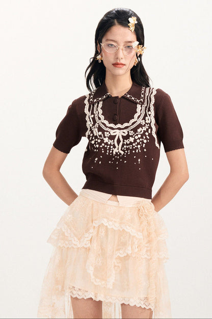 FAME Three-dimensional Jacquard Lapel Knitted Short Sleeve Knit Top - BRIAR.