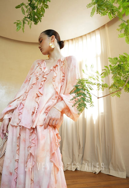 LE VENT& TES AILES Spring summer elegant multicolor silk smudged floral shirt skirt-ENE