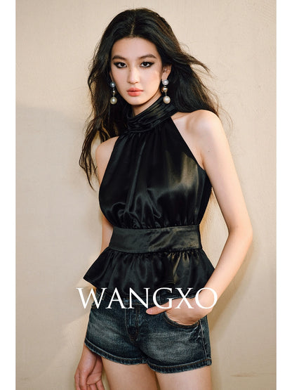WANGXO Acetate Satin Silky Smooth Collar Cut-Out Aesthetics Shirred Waist Umbrella Top - VIOLA