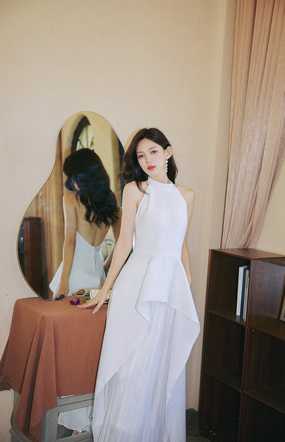 DOLLY High End White/Black Sleeveless Ruffled Halter Neck Top+ Pleated Skirt-SOLANGE