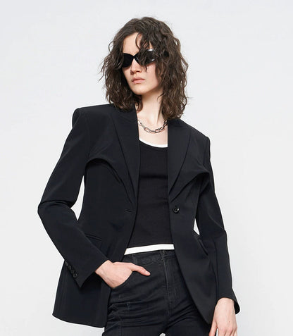 ANNAKIKI black acetate three-dimensional waist suit jacket for women-MARS