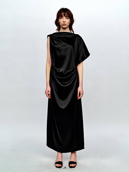 SERRER Black Pleated Rippling Backless Loose Acetate Dress - YASMIN.