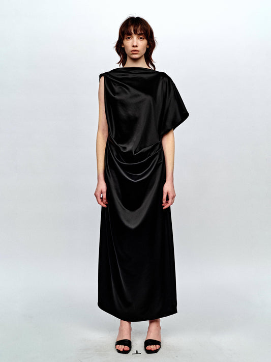 SERRER Black Pleated Rippling Backless Loose Acetate Dress - YASMIN.