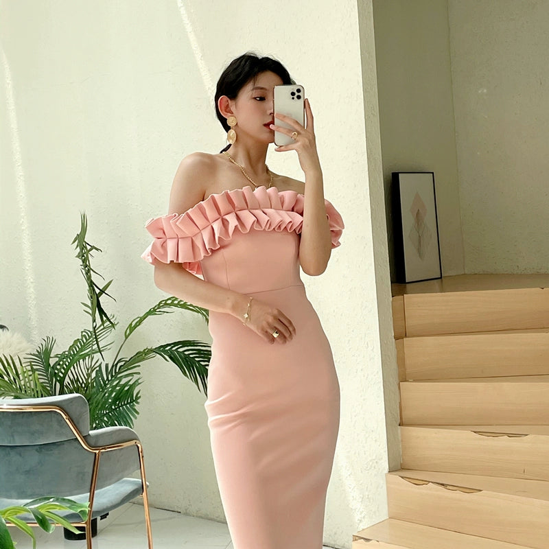 DOLLY High End Retro Style Pleated Off Shoulder Slim Fit Dinner Dress-JOLA