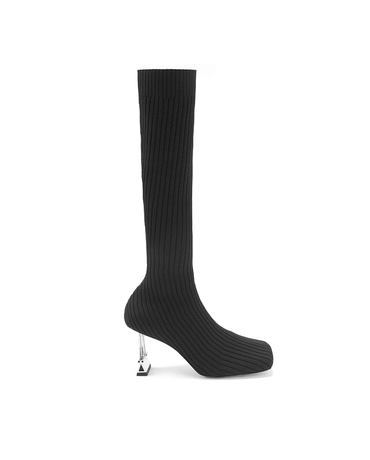 MAYALI square-toe black high-heeled elastic high boots - lioe