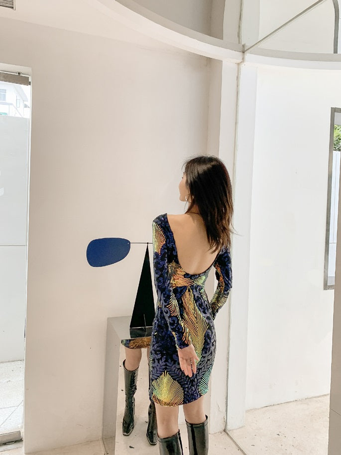 DOLLY Elegant Crew Neck Long Sleeve Slim Fit Short Sequin Party Dress-CONNIE