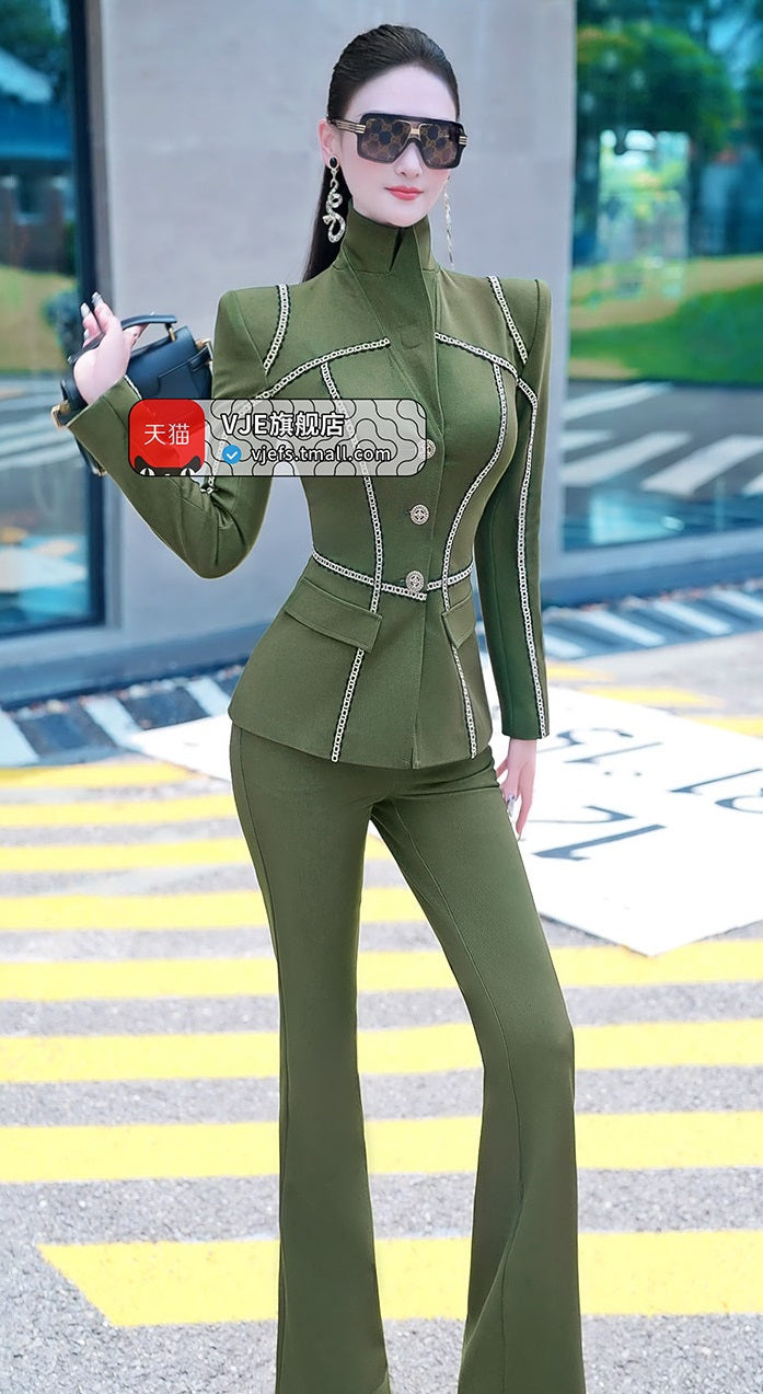 VJE  Denim Suit Webbing Jacket Micro Flared Pants Two-Piece Set-OPO.