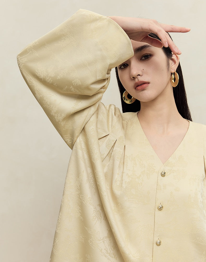 HECO Shan Ting Acetate Jacquard Suit Loose black yellow Top Pants Women - favour.