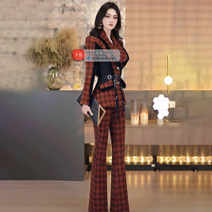 VJE Lapel Jacket Flared Pants Two-Piece Set Business Style Suit - MED.