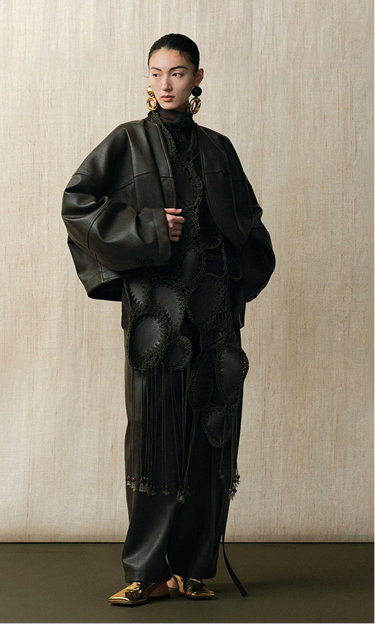 ZHUCHONGYUN dark coffee dropped-shoulder leather jacket-KENPACHI.