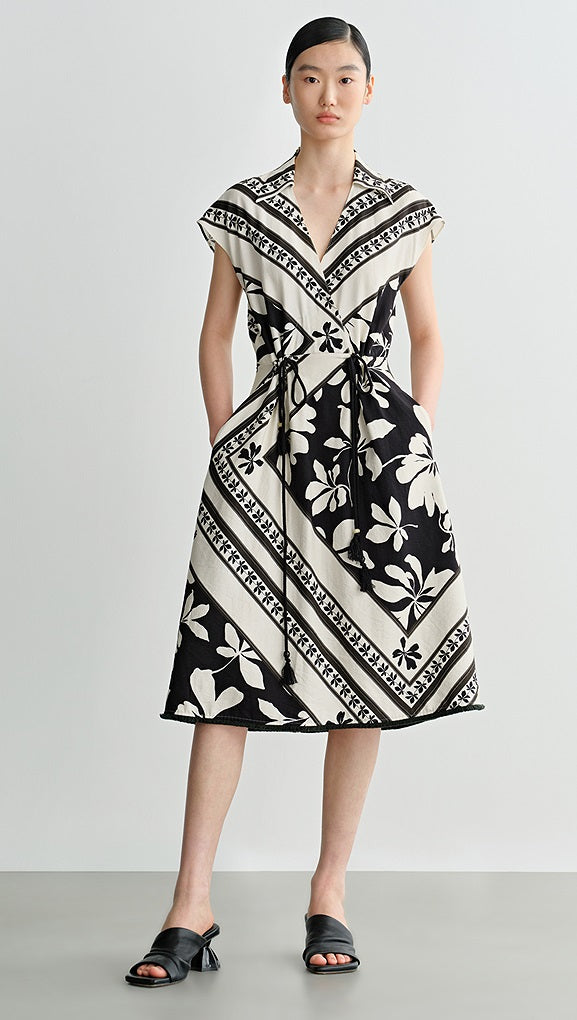 COMME MOI Lv Yan designer's new summer women's print shirred tassel waist dress - GOLDIE.