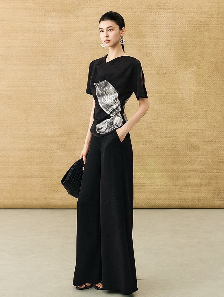 HECO Chinese Art Butterfly Print Swing Neck T-Shirt Waist Slim Top - CONJOR .