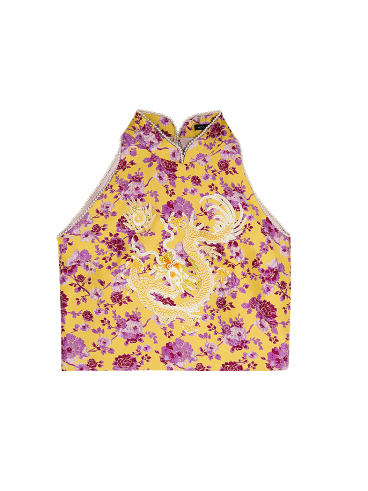 HECO Chinese Retro Style Embroidery Golden Dragon Stand-up Collar Vest Top  - QANT.
