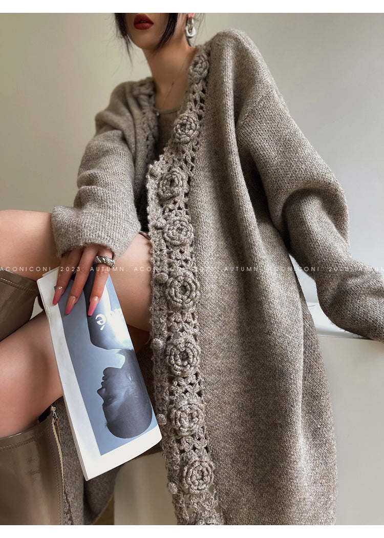 Aconiconi Luxury Loose V-Neck Long Sleeve Crochet Sweater - Camellia in the Fields