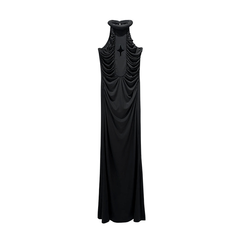 ANNAKIKI black four-pointed star hollow pleated halterneck dress-GICHII