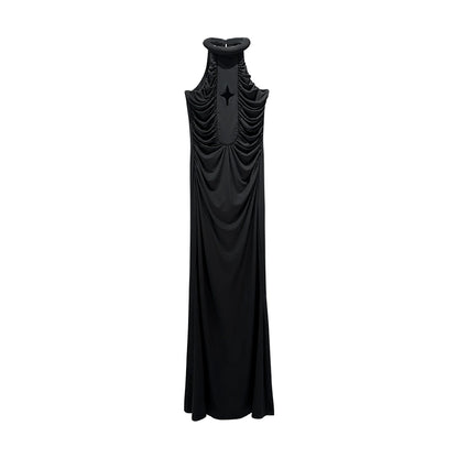 ANNAKIKI black four-pointed star hollow pleated halterneck dress-GICHII