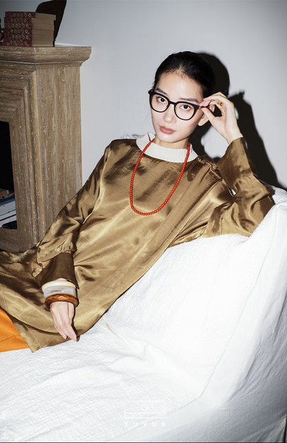 TUYUE Crew neck silhouette back lace-up long-sleeved top- AGNES.
