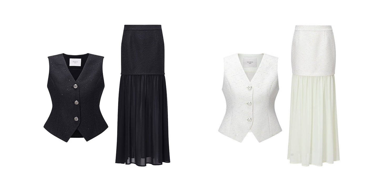 WANGXO |Light Georgette V-Neck Vest & Flowing  Skirt Suit Set-RINA