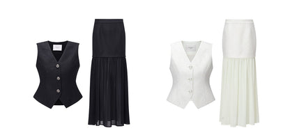 WANGXO |Light Georgette V-Neck Vest & Flowing  Skirt Suit Set-RINA