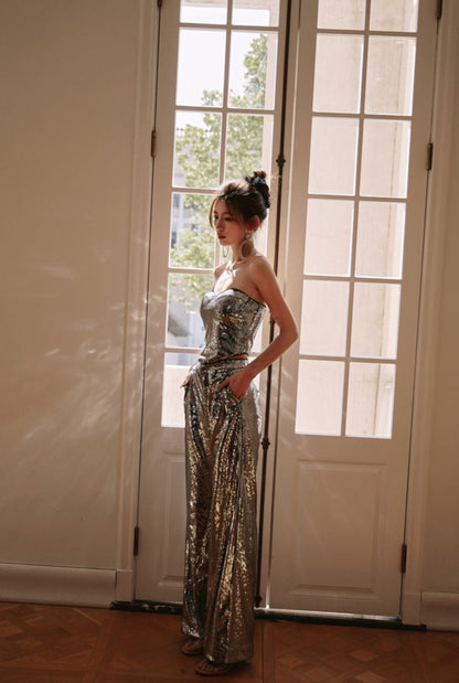 DOLLY Luxury Two Piece Sleeveless Sequin Tube Top + Long Sequin High Waist Flare Pants-THEA