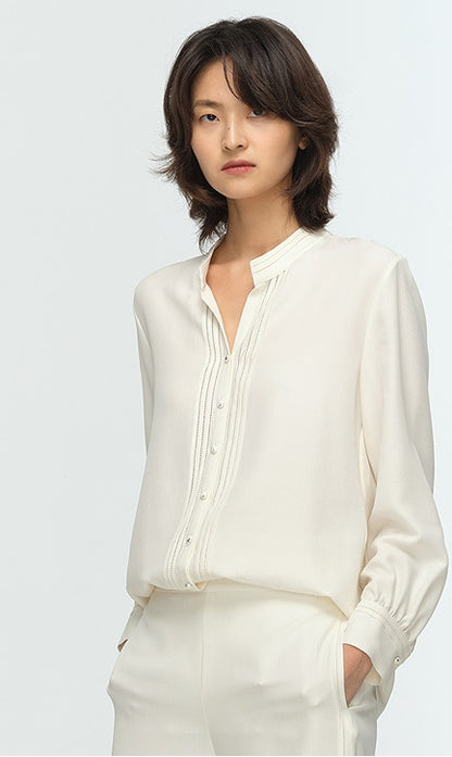 COMME MOI Lu Yan Designer's new women's commuter silk long-sleeved stand-up collar shirt - POWER.