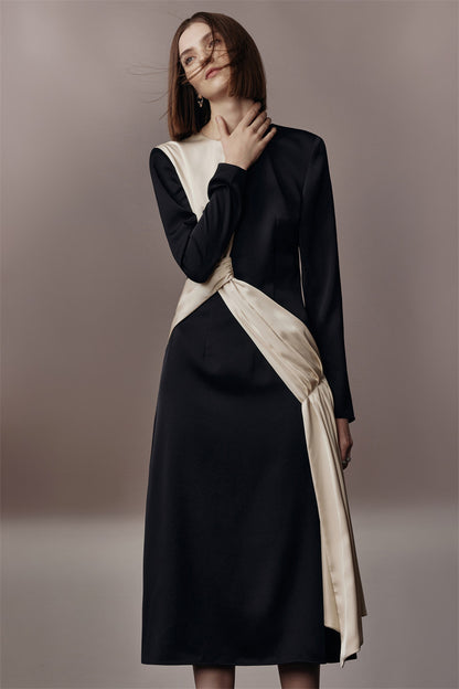 PURITY Classic Elegant contrasting French satin long-sleeved dress- Felice