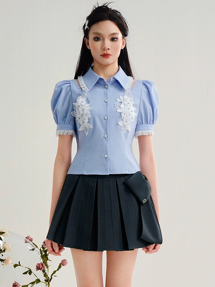 CHECOCRE Chic Three-dimensional Flower Puff Sleeve Cutout Sexy Blue Top - ATRACT
