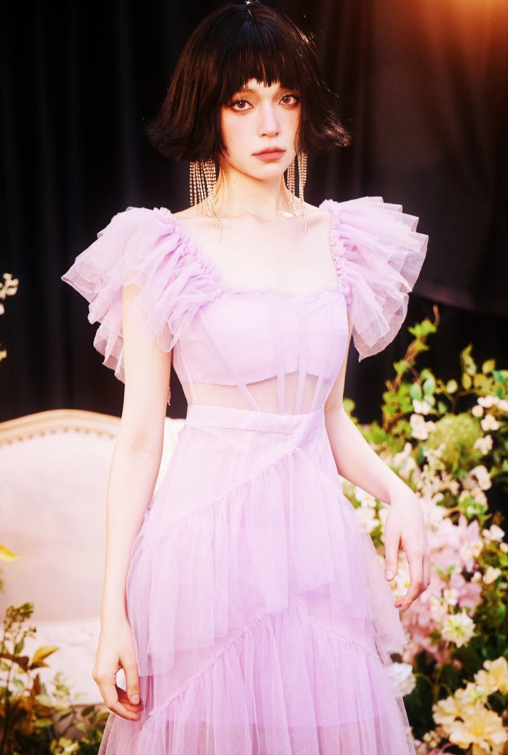 DOLLY High End Square Collar Short Ruffle Sleeves High Waist French Style Dress-MARIANA