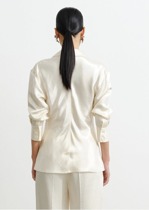 COMME MOI Lv Yan Designer Summer Acetate Texture V-Neck Waist Shirt - AYLA.