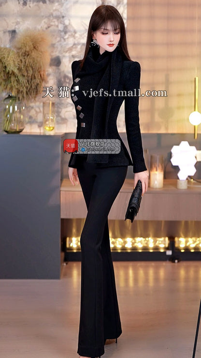 VJE Short Black High Neck Wide Shoulder Jacket - MILA.
