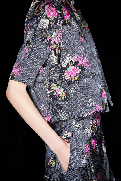 M essential Mackay designer cherry blossom print beads down short vest - LAND.