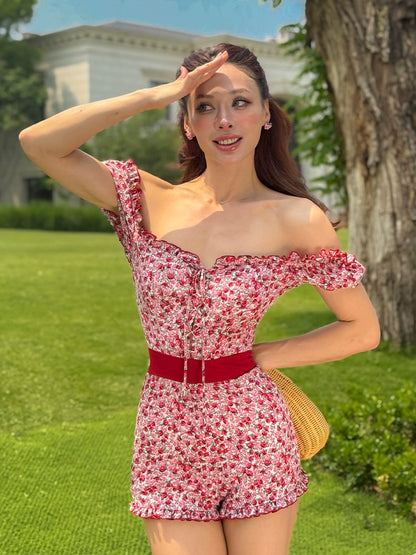 Le Palais Vintage Red Floral Off-the-Shoulder Slim One-Piece Shorts-NOSHIMA.