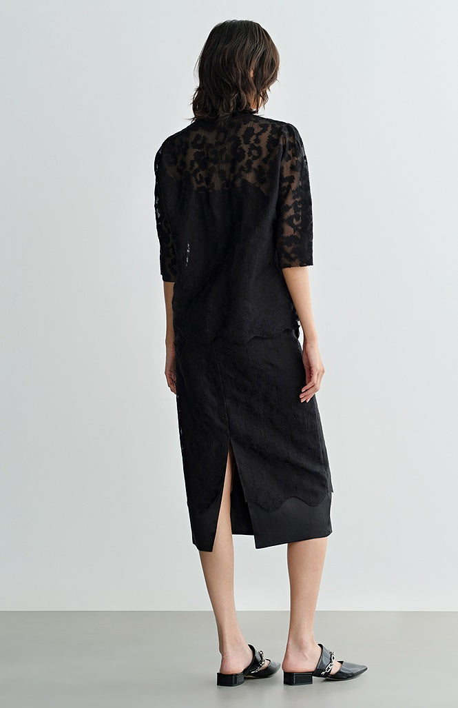 COMME MOI silk embroidered black slit midi skirt - LONDON.