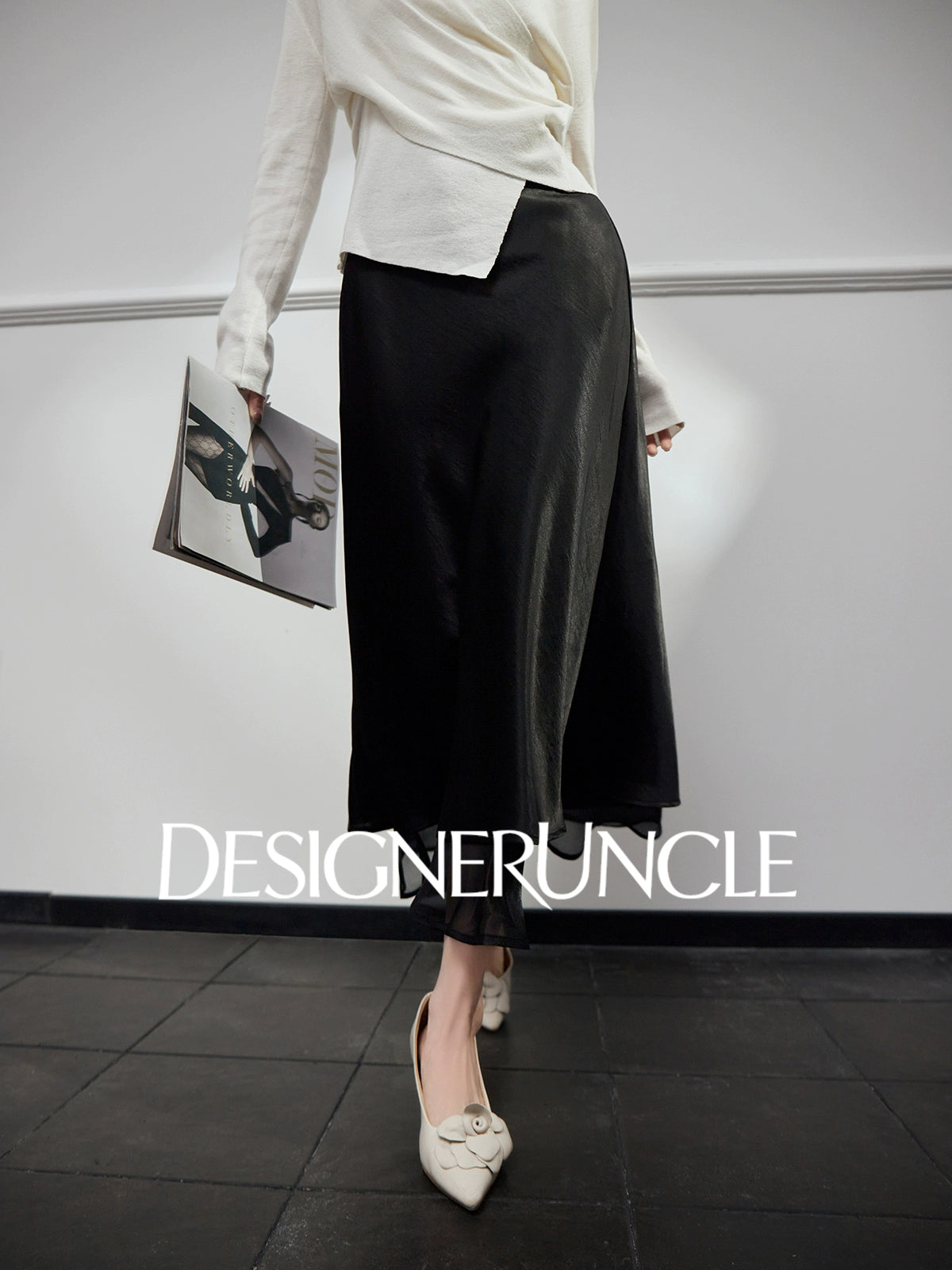 DGU "Yelan" high-waisted black mid-length skirt - HUNTIX.