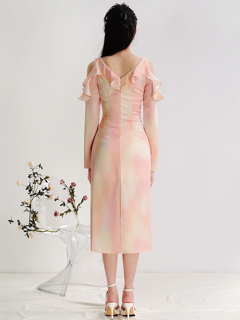 CHECOCRE Elegant Pink Smudge Sexy Off-the-shoulder Slit Midi Dress - CHERRY