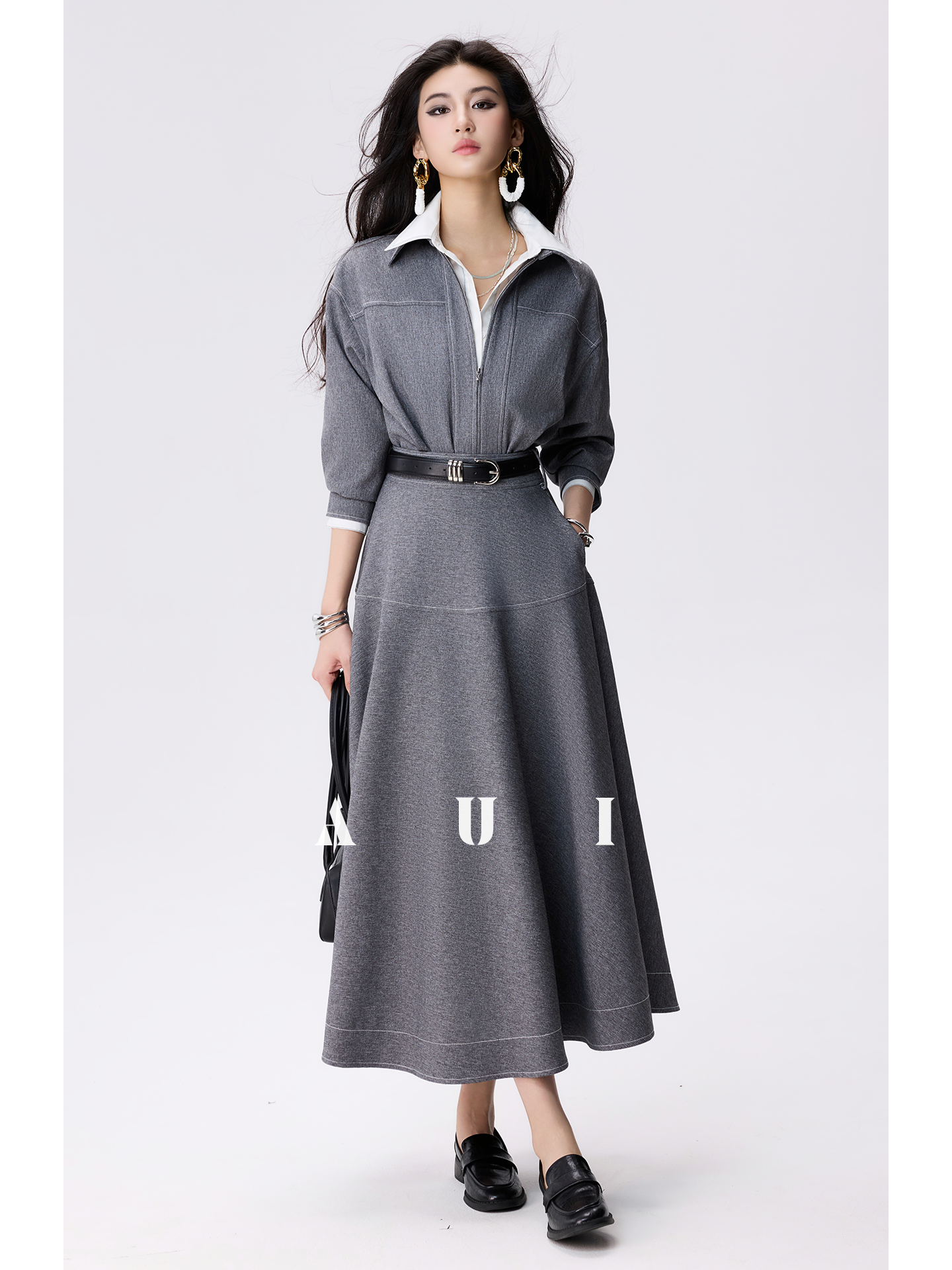 AUI Grey Double Ended Zipper Lapel Jacket Premium A-Line Two-Piece Suit Skirt - Yeong-Ja
