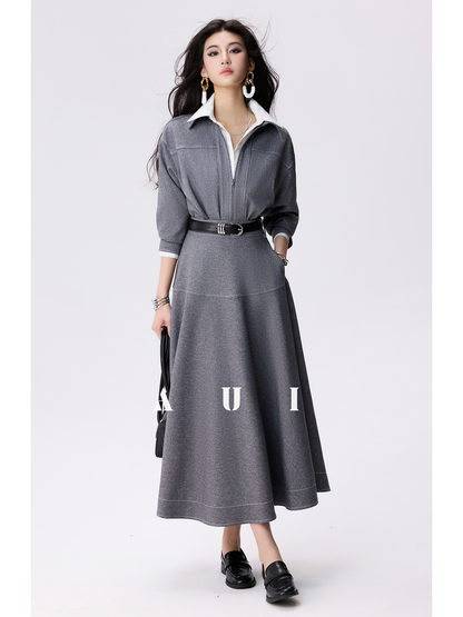 AUI Grey Double Ended Zipper Lapel Jacket Premium A-Line Two-Piece Suit Skirt - Yeong-Ja