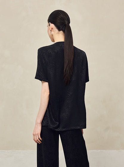 HECO Jacquard Round Neck Short Sleeve Black White Shirt Top Woman - GRACE.