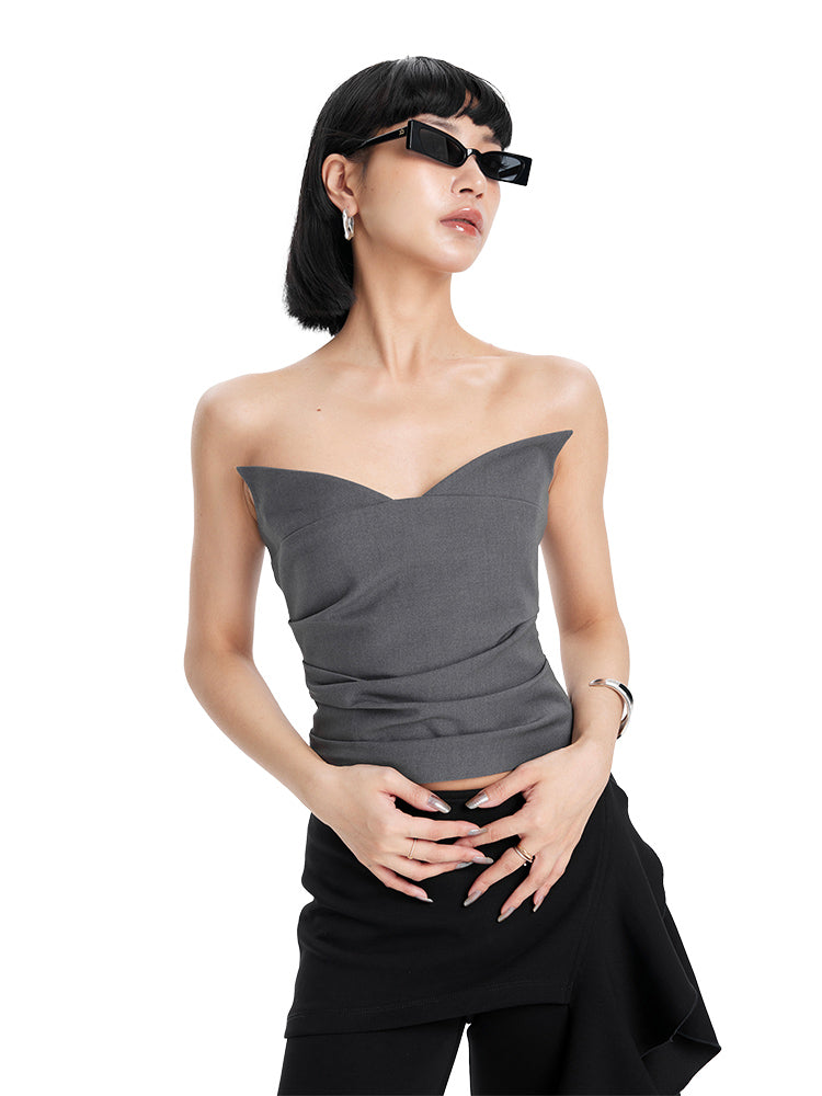TINY IN  irregular sexy lace spliced gray halter neck top-FLORA