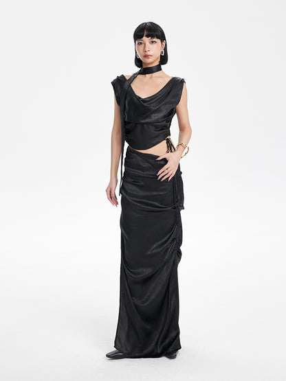 TINY IN Irregular Streamer Swing Neck Pleated Top - OSCA