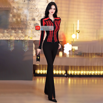 VJE Lapel Cardigan Top  Jacquard Knitted Sweater - LEO.