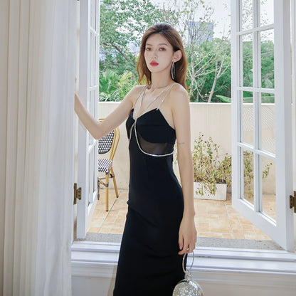 DOLLY High End Black Retro Style V-Neck Sleeveless Diamond Chain Long Dress-GENEVIEVE