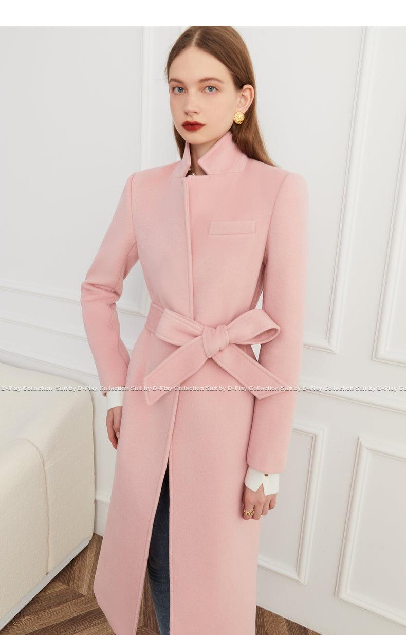 DPLAY Fall/Winter Lace-Up Custom Floral Pink Long Coat - Aiy