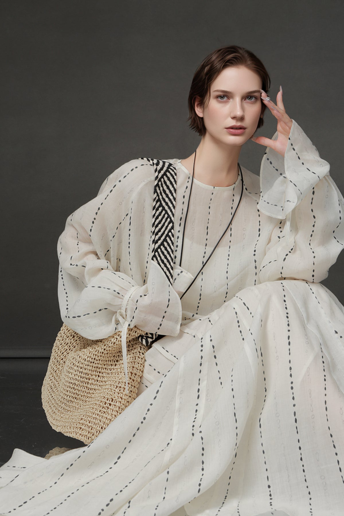 PIAOIN French dotted stripe micro fishtail skirt women's Tencel linen texture A-line skirt-CELESTE