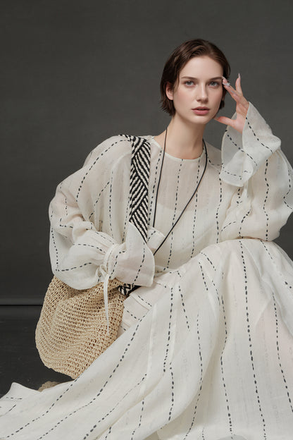 PIAOIN French dotted stripe micro fishtail skirt women's Tencel linen texture A-line skirt-CELESTE