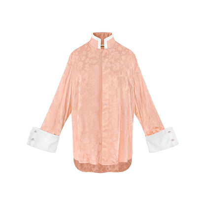 TUYUE Satin Weaving Flowers Relaxed Long-sleeved Shirt- JADE,